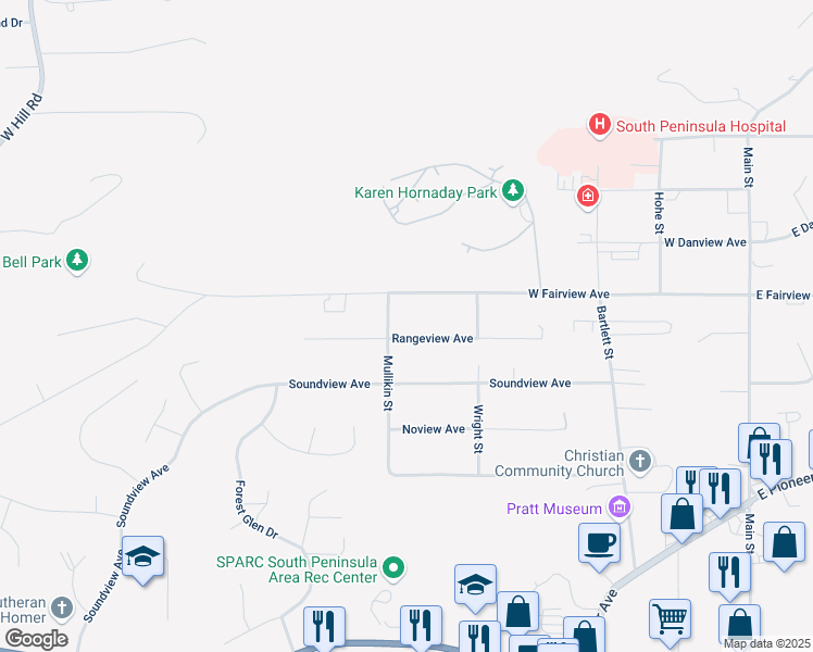 map of restaurants, bars, coffee shops, grocery stores, and more near 605 Rangeview Avenue in Homer