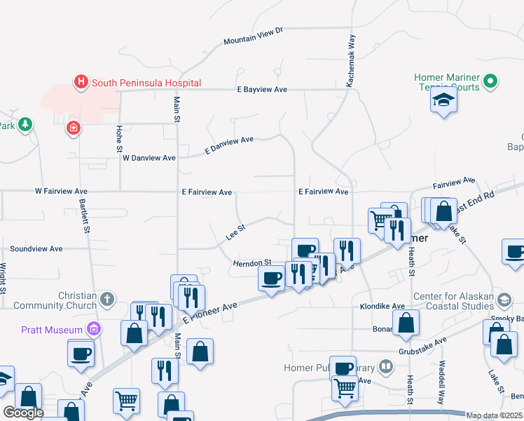 map of restaurants, bars, coffee shops, grocery stores, and more near 218 East Lee Drive in Homer
