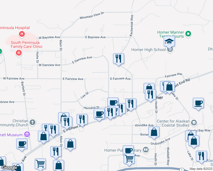 map of restaurants, bars, coffee shops, grocery stores, and more near 255 Lee Drive in Homer