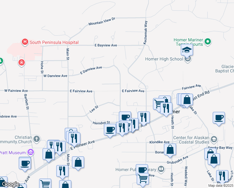 map of restaurants, bars, coffee shops, grocery stores, and more near 255 Lee Drive in Homer