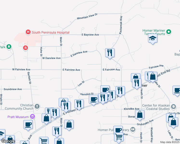 map of restaurants, bars, coffee shops, grocery stores, and more near 218 East Lee Drive in Homer