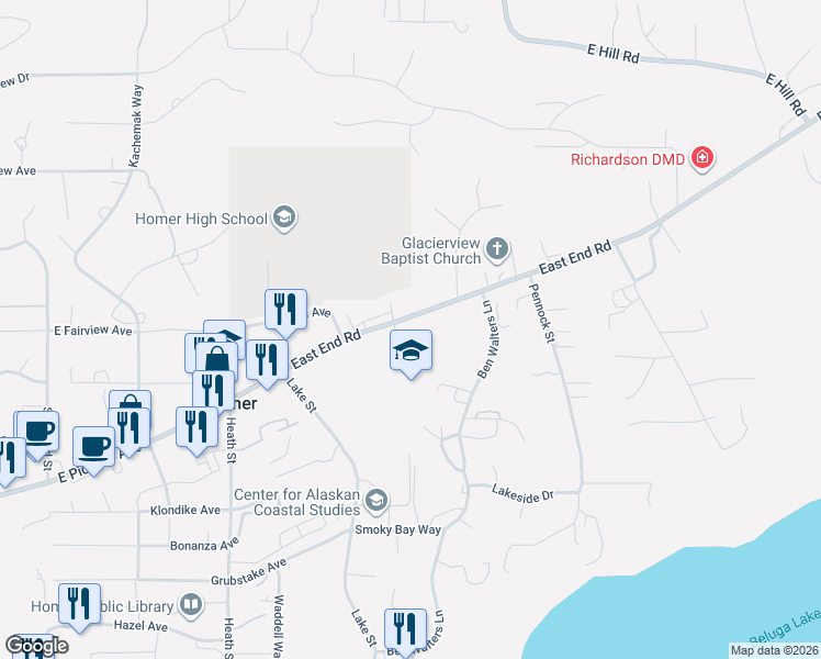map of restaurants, bars, coffee shops, grocery stores, and more near 745 East End Road in Homer
