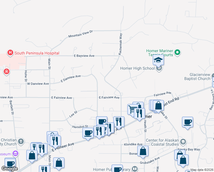 map of restaurants, bars, coffee shops, grocery stores, and more near 4153 Kachemak Way in Homer