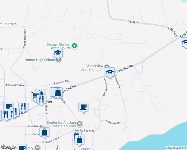 map of restaurants, bars, coffee shops, grocery stores, and more near 880 East End Road in Homer