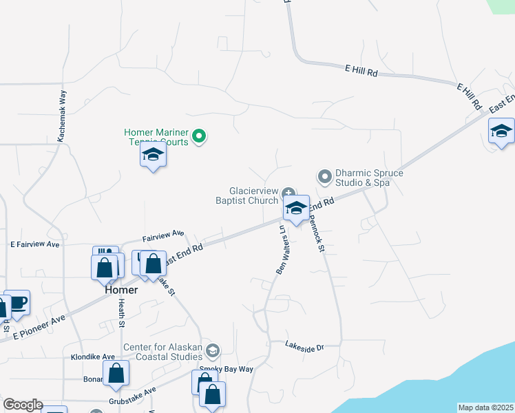 map of restaurants, bars, coffee shops, grocery stores, and more near East End Road in Homer