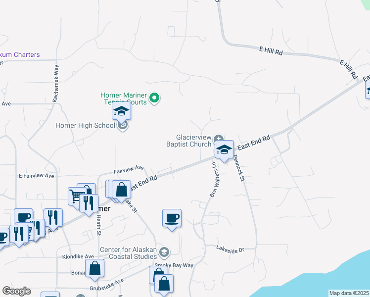 map of restaurants, bars, coffee shops, grocery stores, and more near 880 East End Road in Homer