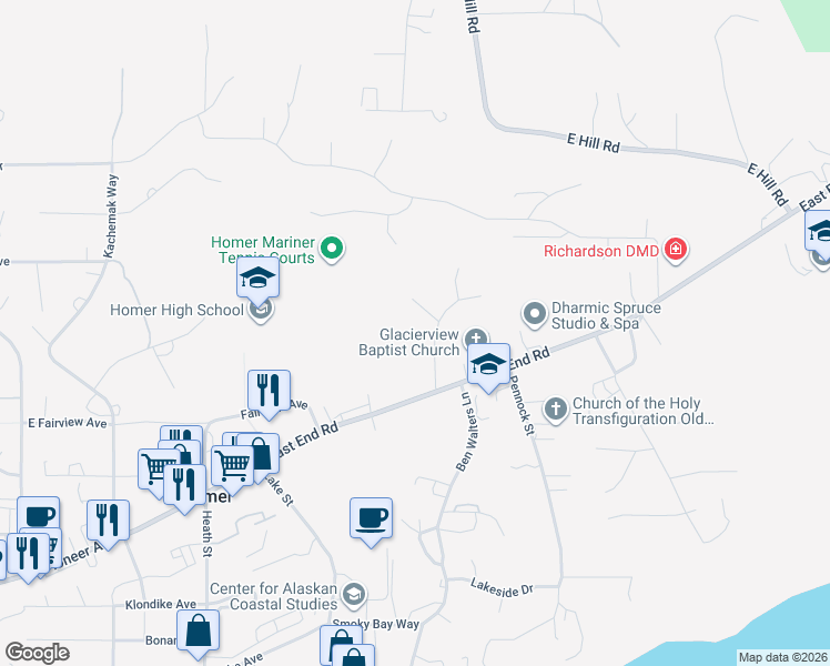 map of restaurants, bars, coffee shops, grocery stores, and more near 4263 Shirley Court in Homer