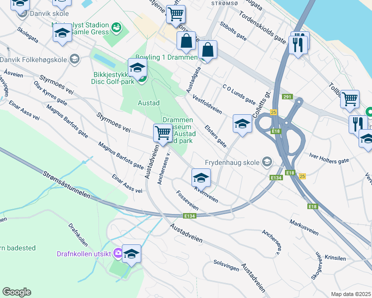 map of restaurants, bars, coffee shops, grocery stores, and more near in Drammen