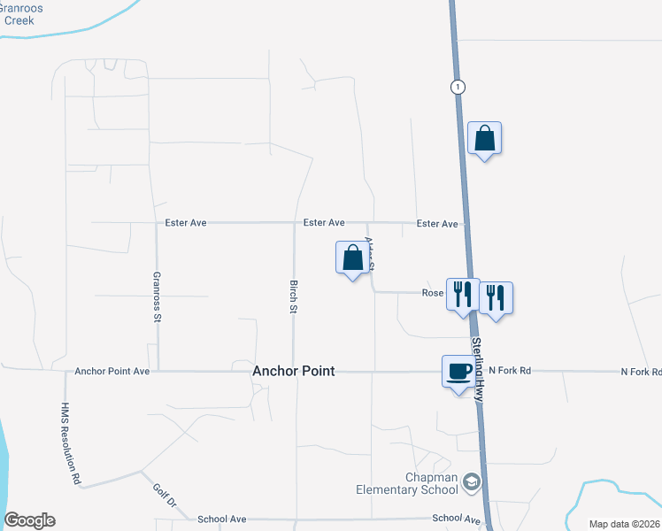 map of restaurants, bars, coffee shops, grocery stores, and more near 33840 Birch Street in Anchor Point