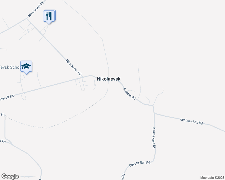 map of restaurants, bars, coffee shops, grocery stores, and more near 65223 Nikolaevsk Road in Nikolaevsk