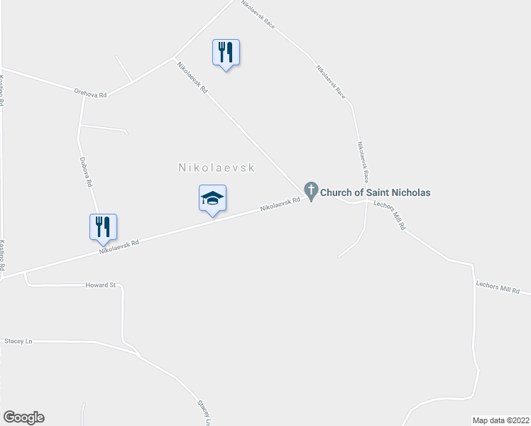 map of restaurants, bars, coffee shops, grocery stores, and more near 65411 Nikolaevsk Road in Nikolaevsk