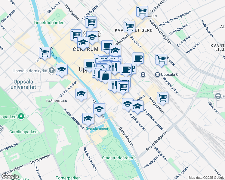 map of restaurants, bars, coffee shops, grocery stores, and more near 5 Bangårdsgatan in Uppsala