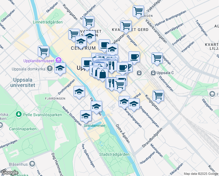 map of restaurants, bars, coffee shops, grocery stores, and more near 5 Bangårdsgatan in Uppsala