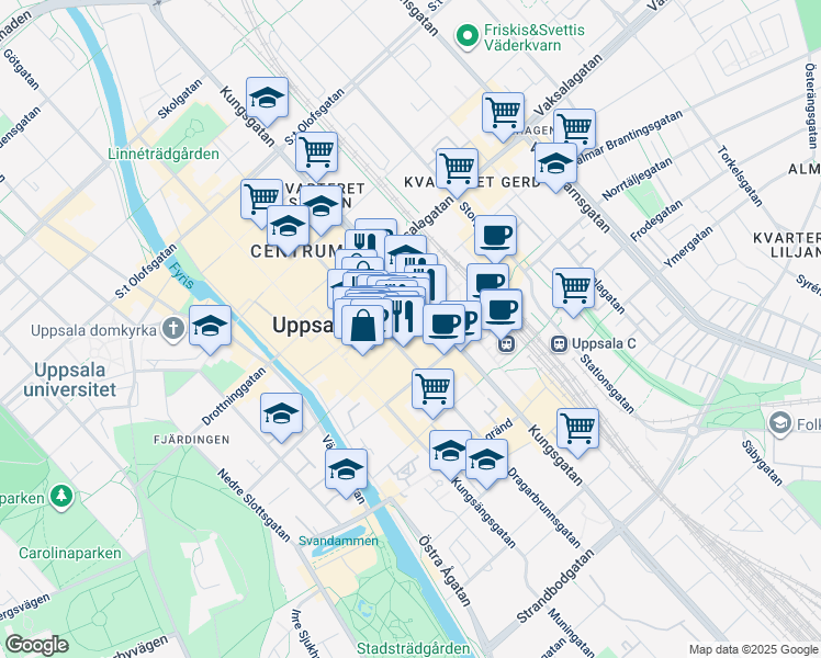 map of restaurants, bars, coffee shops, grocery stores, and more near 14 Bredgränd in Uppsala