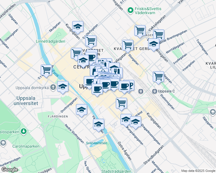map of restaurants, bars, coffee shops, grocery stores, and more near 46 Dragarbrunnsgatan in Uppsala