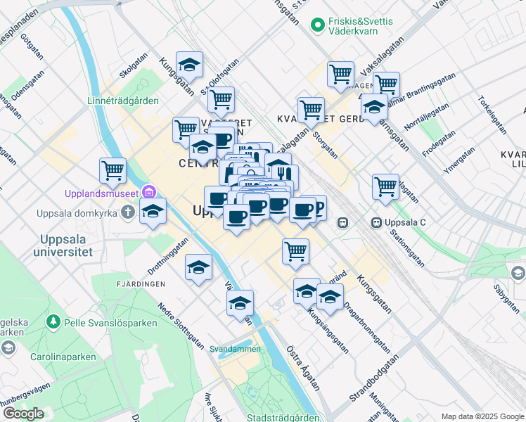 map of restaurants, bars, coffee shops, grocery stores, and more near 46 Dragarbrunnsgatan in Uppsala