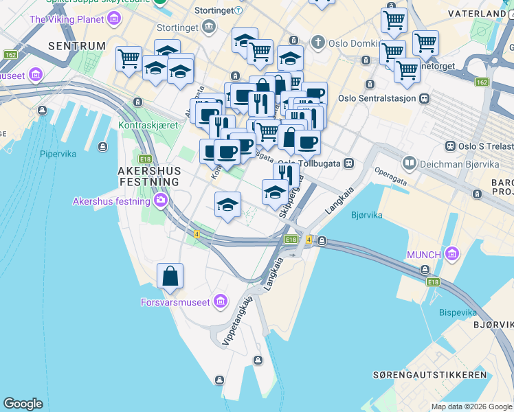 map of restaurants, bars, coffee shops, grocery stores, and more near 5 Grev Wedels Plass in Oslo