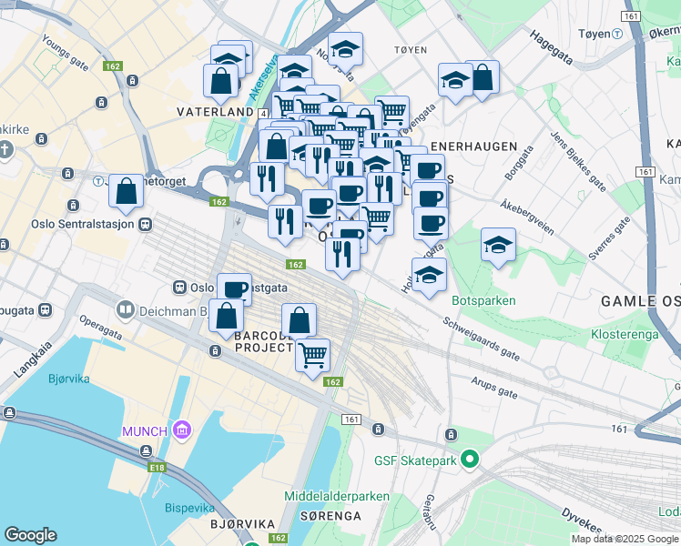 map of restaurants, bars, coffee shops, grocery stores, and more near 21 Schweigaards gate in Oslo kommune