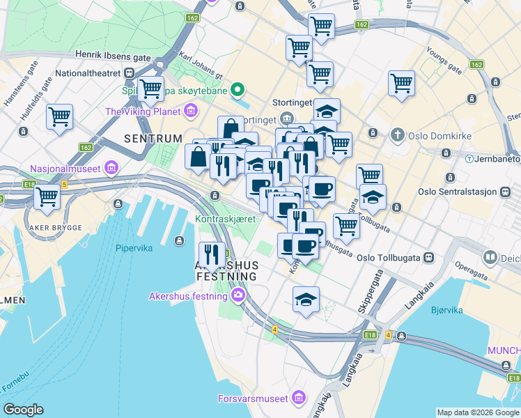 map of restaurants, bars, coffee shops, grocery stores, and more near 21 Rådhusgata in Oslo