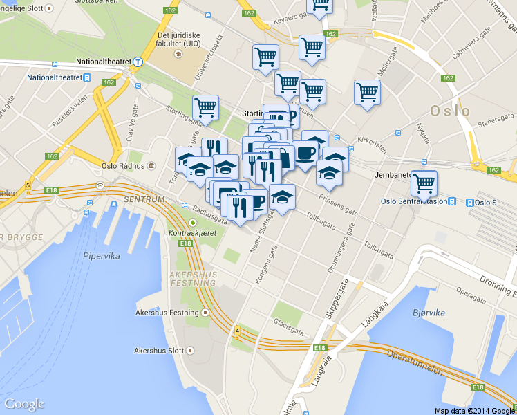 map of restaurants, bars, coffee shops, grocery stores, and more near 2 Øvre Slottsgate in Oslo