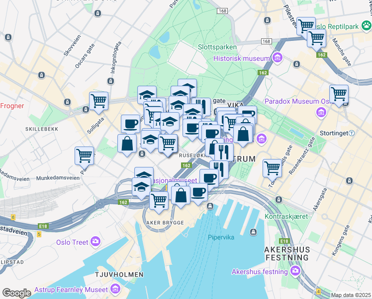 map of restaurants, bars, coffee shops, grocery stores, and more near 11 Dronning Mauds gate in Oslo