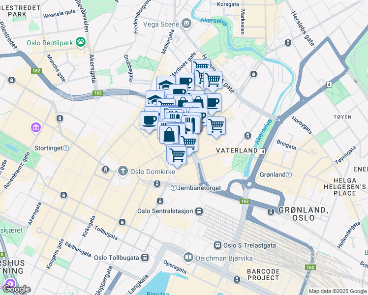 map of restaurants, bars, coffee shops, grocery stores, and more near in Oslo