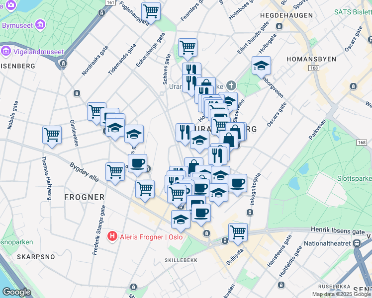 map of restaurants, bars, coffee shops, grocery stores, and more near 4 President Harbitz' gate in Oslo