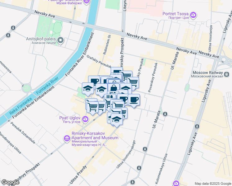 map of restaurants, bars, coffee shops, grocery stores, and more near 19 Vladimirskiy Prospekt in Sankt-Peterburg