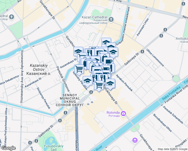 map of restaurants, bars, coffee shops, grocery stores, and more near 39 Gorokhovaya Street in Saint Petersburg