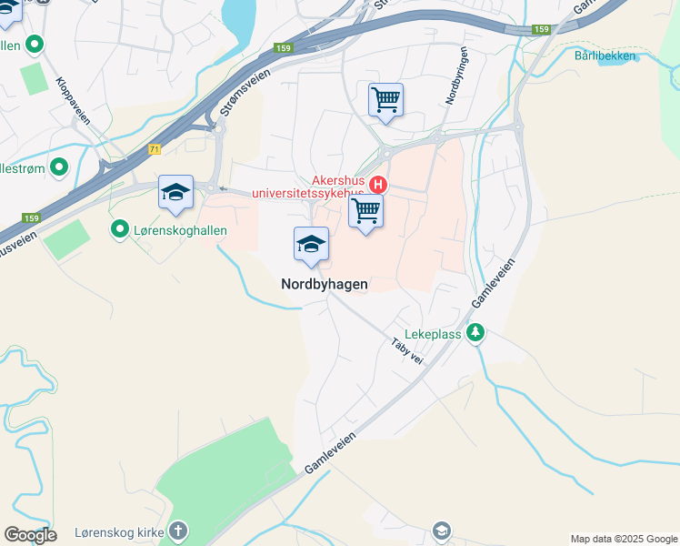 map of restaurants, bars, coffee shops, grocery stores, and more near 25 Sykehusveien in Lørenskog