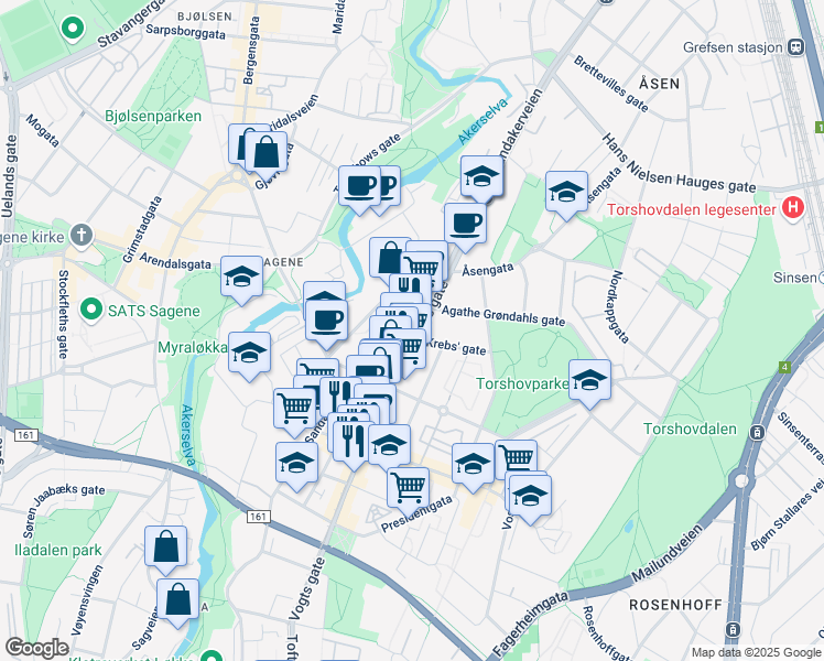 map of restaurants, bars, coffee shops, grocery stores, and more near 64 Vogts gate in Oslo