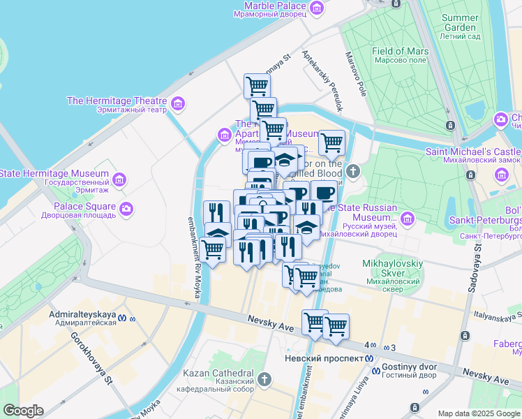 map of restaurants, bars, coffee shops, grocery stores, and more near 13 Bolshaya Konyushennaya Street in Sankt-Peterburg