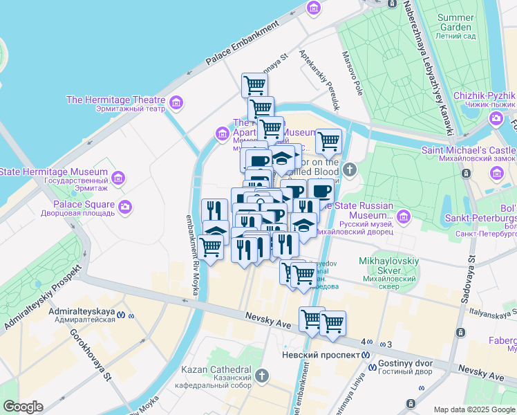 map of restaurants, bars, coffee shops, grocery stores, and more near 13 Bolshaya Konyushennaya Street in Sankt-Peterburg