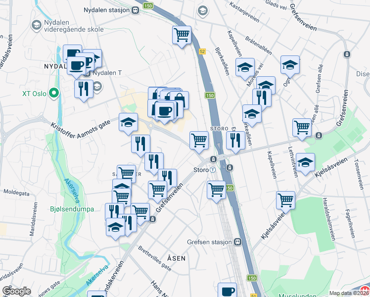 map of restaurants, bars, coffee shops, grocery stores, and more near 4 Vitaminveien in Oslo