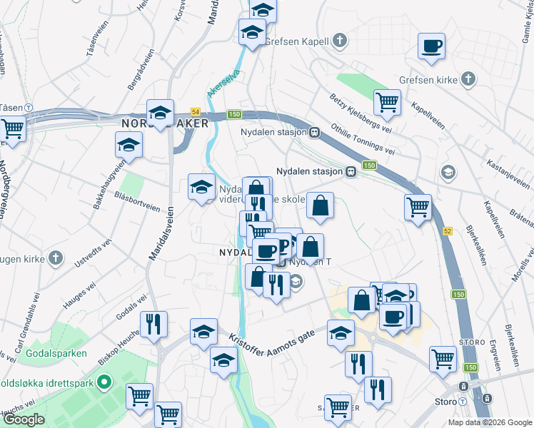 map of restaurants, bars, coffee shops, grocery stores, and more near 6 Gullhaugveien in Oslo