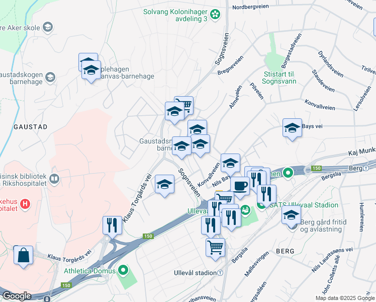 map of restaurants, bars, coffee shops, grocery stores, and more near 6 Jon P. Erliens vei in Oslo