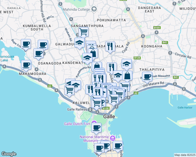 map of restaurants, bars, coffee shops, grocery stores, and more near Wakwella Road in Galle