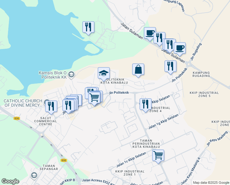 map of restaurants, bars, coffee shops, grocery stores, and more near Jalan Politeknik in Kota Kinabalu