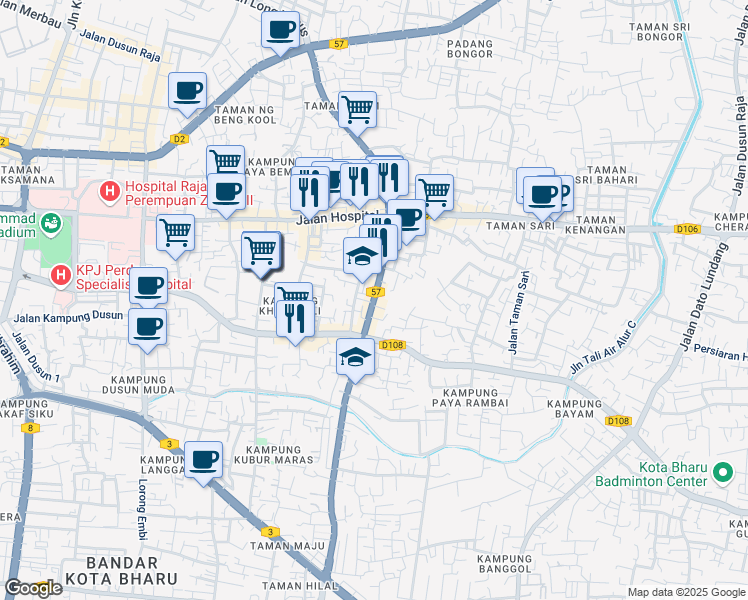 map of restaurants, bars, coffee shops, grocery stores, and more near Jalan Long Yunus in Kota Bharu