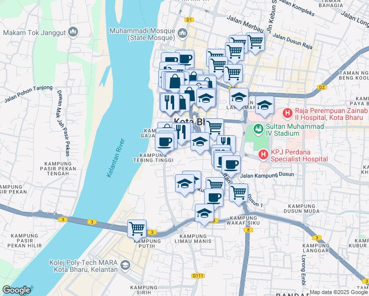 map of restaurants, bars, coffee shops, grocery stores, and more near Jalan Zainal Abidin in Kota Bharu