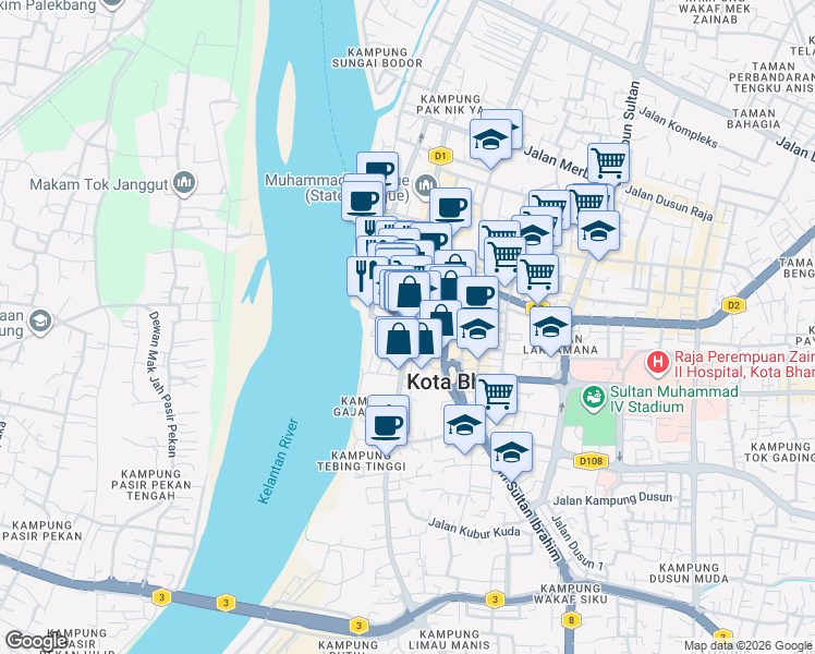 map of restaurants, bars, coffee shops, grocery stores, and more near Jalan Che Su in Kota Bharu