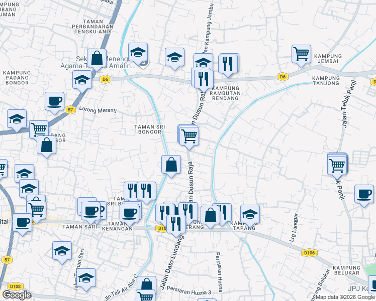 map of restaurants, bars, coffee shops, grocery stores, and more near Jalan Dusun Raja in Kota Bharu