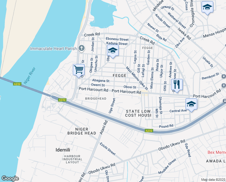 map of restaurants, bars, coffee shops, grocery stores, and more near Uga Street in Onitsha