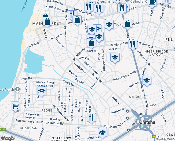 map of restaurants, bars, coffee shops, grocery stores, and more near Iweka Road in Onitsha
