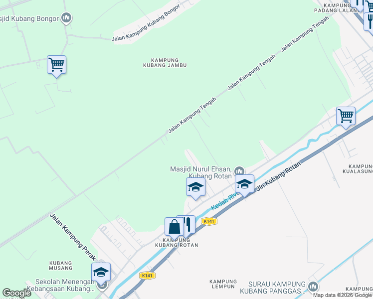 map of restaurants, bars, coffee shops, grocery stores, and more near Jalan Kubang Rotan Jaya 1 in Alor Setar
