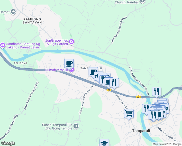 map of restaurants, bars, coffee shops, grocery stores, and more near Lorong Taman Nabalu Tamparuli in Tamparuli