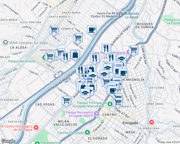 map of restaurants, bars, coffee shops, grocery stores, and more near 32b Sur-139 Carrera 48 in Envigado