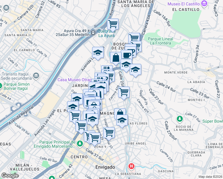 map of restaurants, bars, coffee shops, grocery stores, and more near 44 Transversal 27A Sur in Envigado