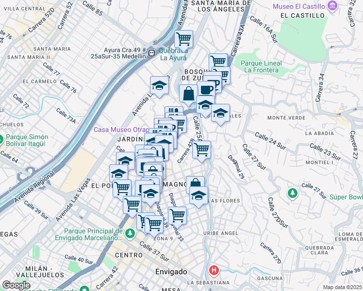 map of restaurants, bars, coffee shops, grocery stores, and more near 44 Transversal 27A Sur in Envigado