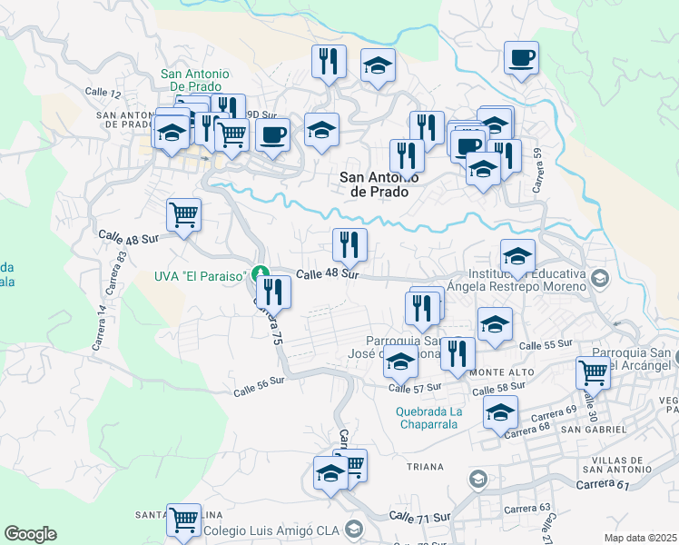 map of restaurants, bars, coffee shops, grocery stores, and more near 38 Calle 48 Sur in San Antonio de Prado